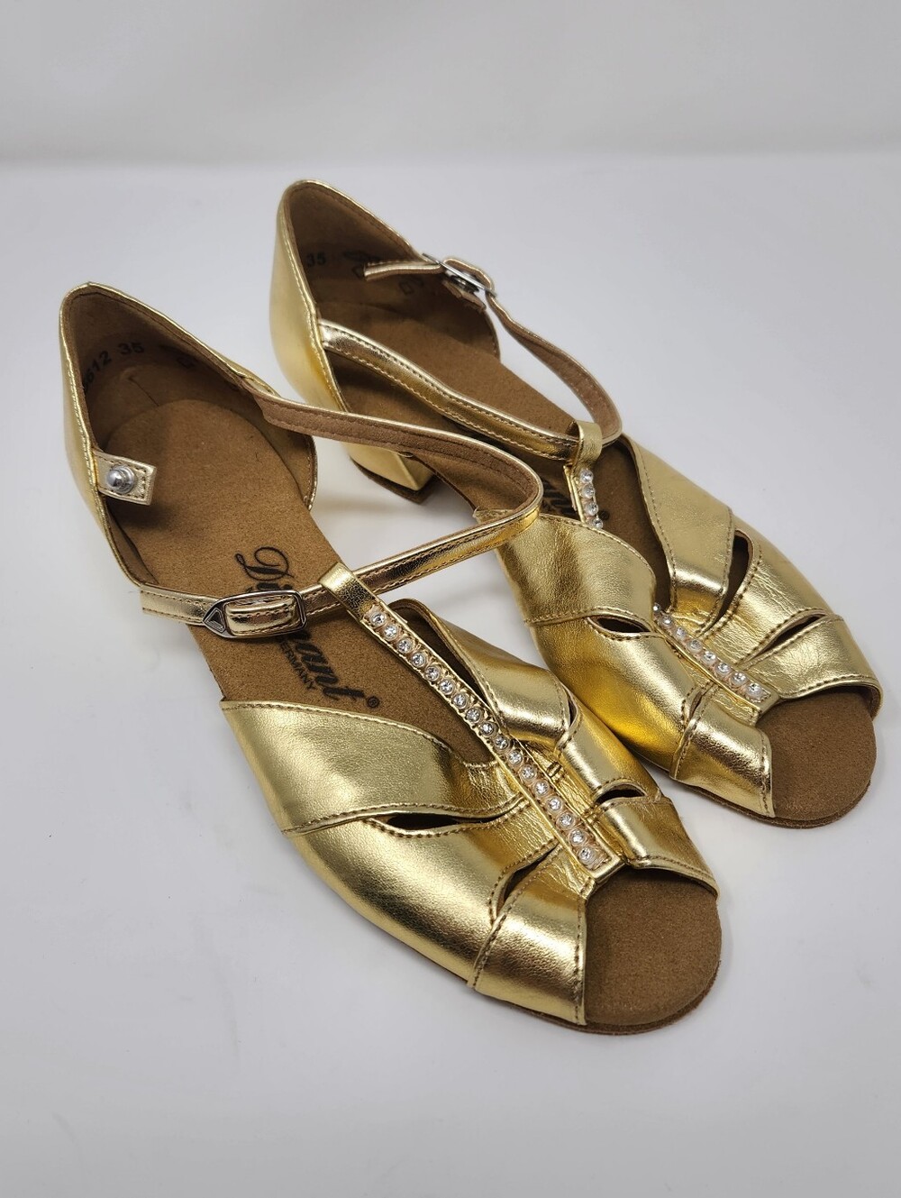 Gold Rhinestone T-Strap Women’s Dress Sandals